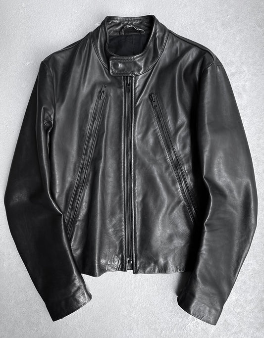 Maison Martin Margiela AW10-11 Kokone black horse leather 5-zip moto rider jacket, size 44, stand-up collar, two diagonal zip chest pockets, slim medium fit. Laid flat on light gray. Excellent condition (9/10).