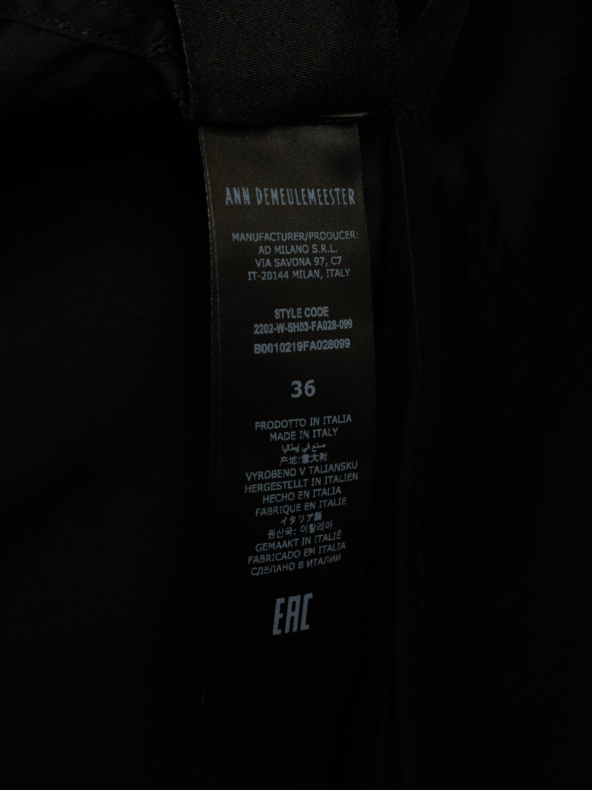 Ann Demeulemeester AW22 Black 'Elisabeth' Long High Comfort Shirt