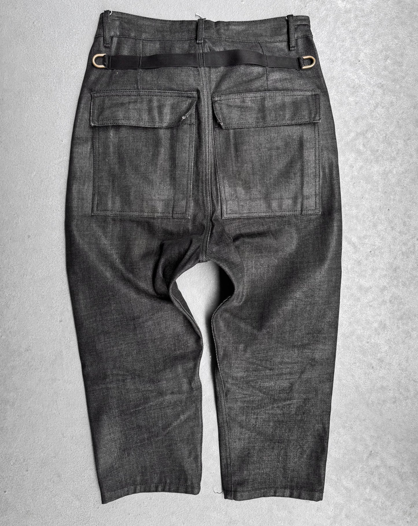 Rick Owens AW17 “GLITTER” Waxed D-Ring Leather Patch Raw Denim Capris
