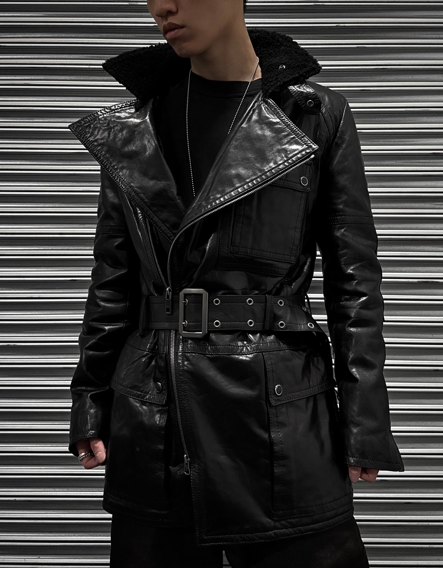 5351 Pour Les Hommes Early 00s Cowhide Leather Belted Moto Trench Coat