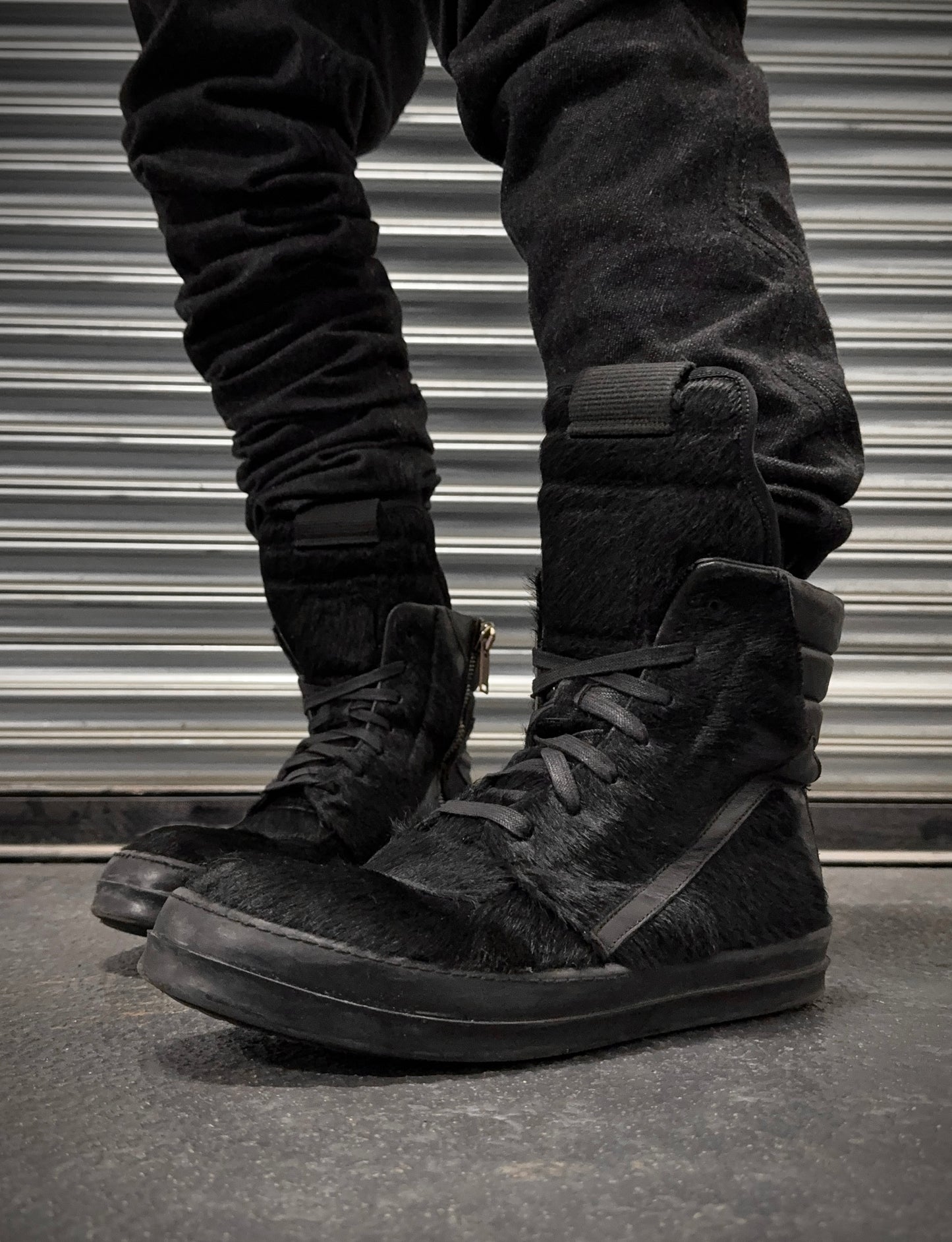 Rick Owens AW13 "PLINTH" Black Pony Hair Leather Geobasket Sneakers