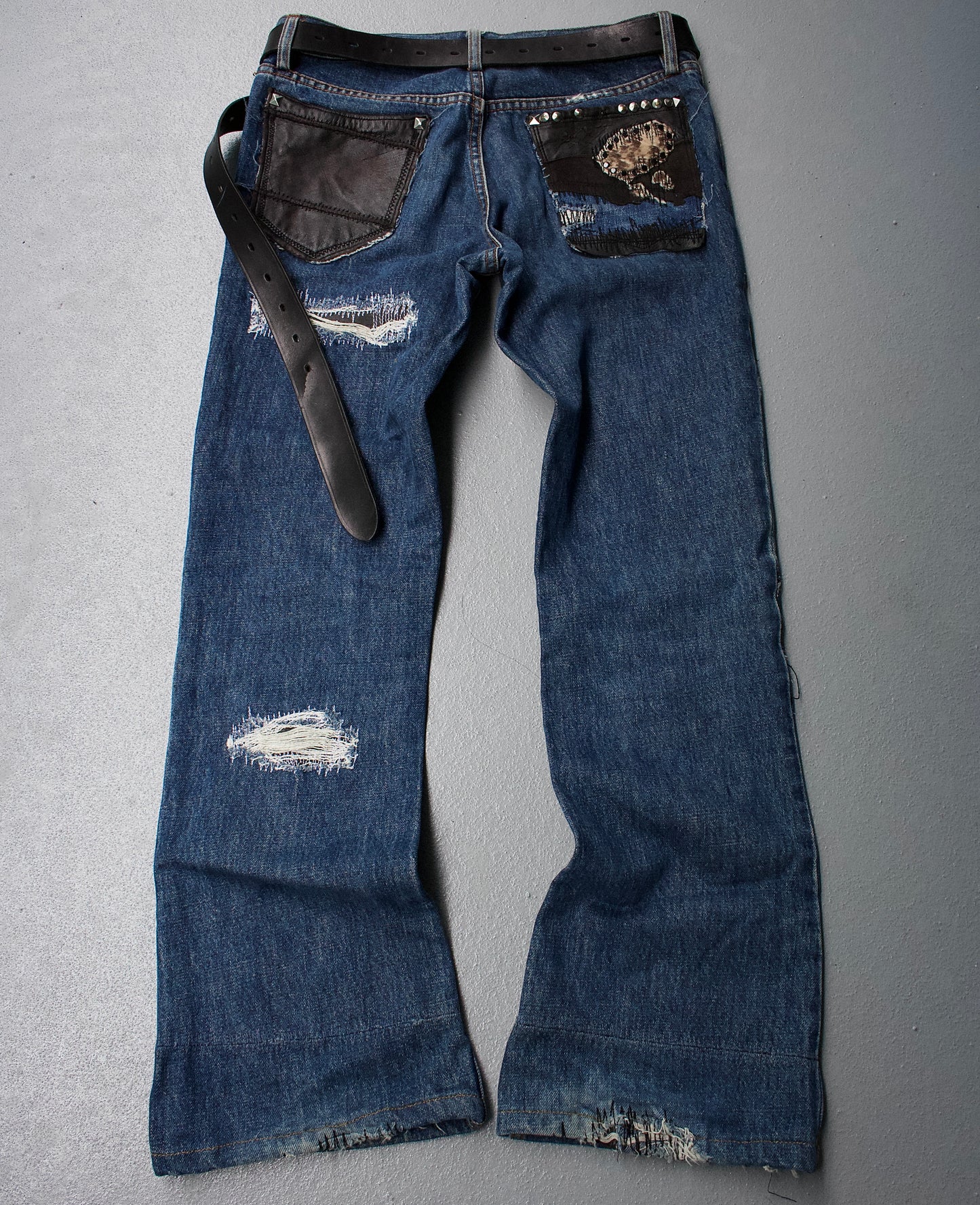SHELLAC 00s ‘Crash’ Distressed Cowhide Patchwork Bootcut Denim