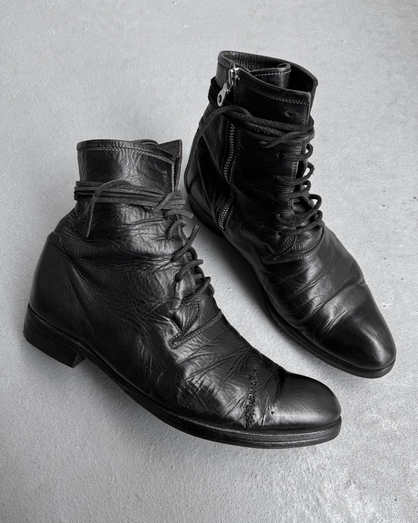 MiharaYasuhiro AW07 Garment-dyed Leather Pointed Toe Military Lace-up Boots