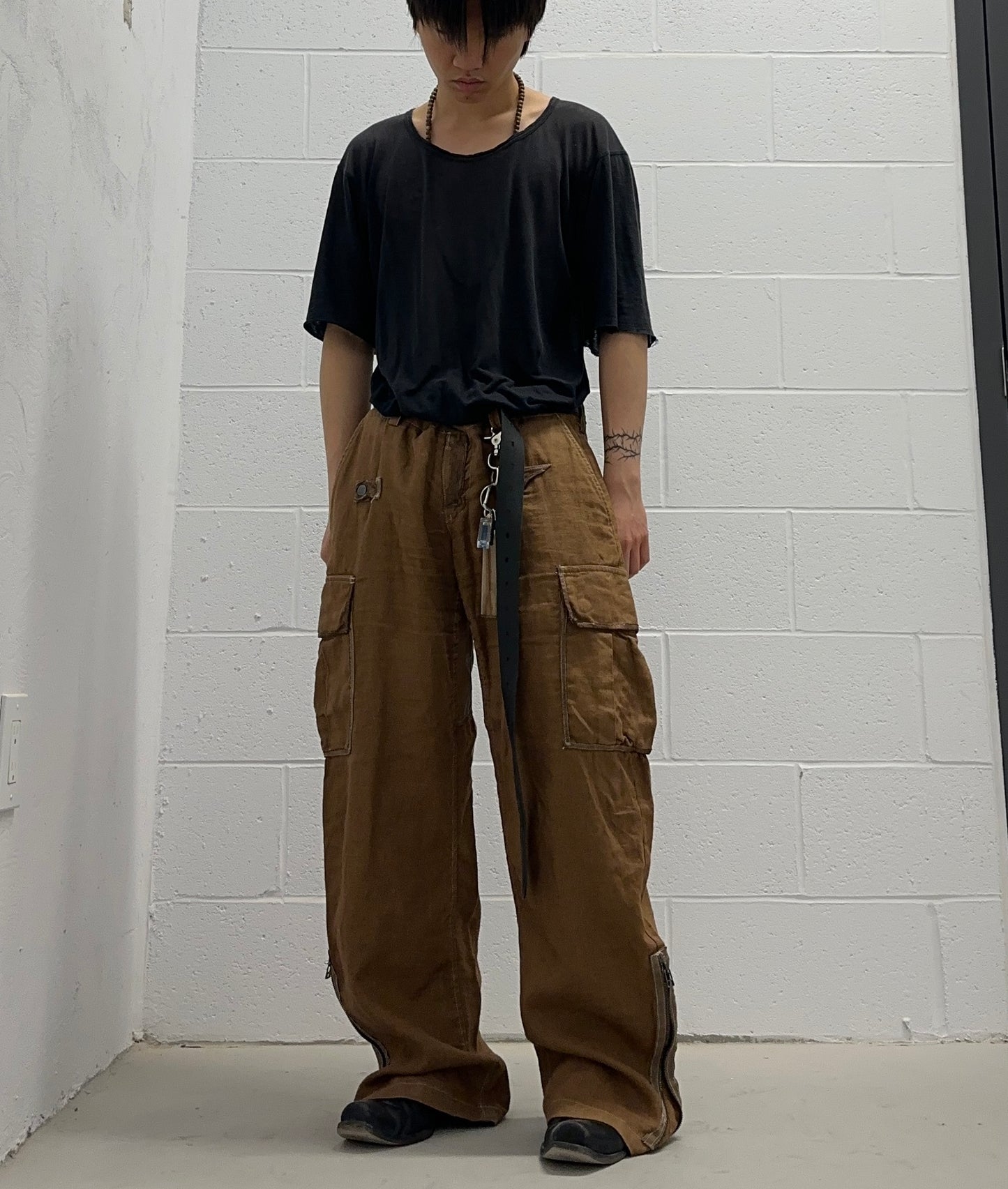 Kyoji Maruyama SS08 Garment-Dyed Leather Patch Linen Cargo Pants
