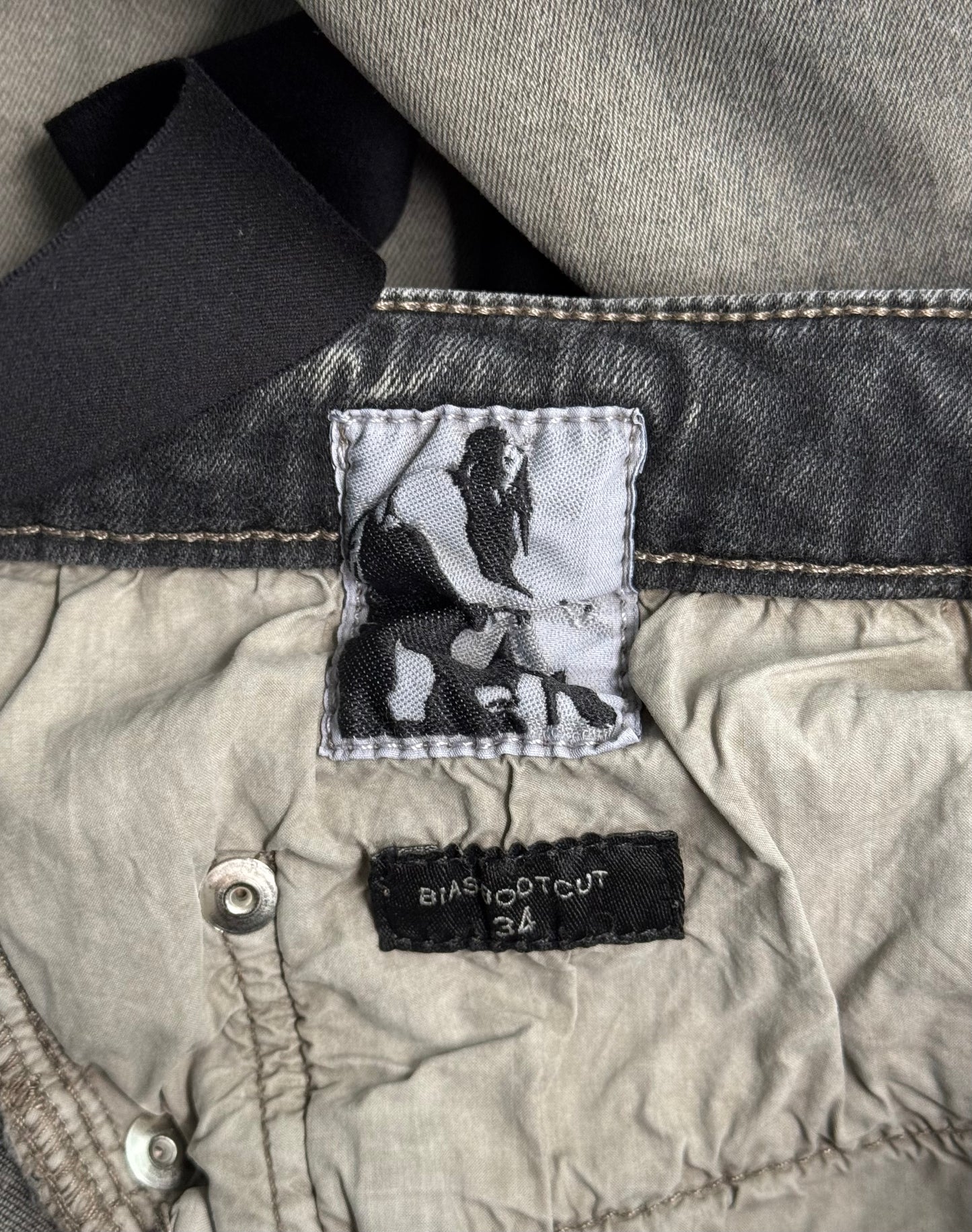 Rick Owens DRKSHDW AW23 “LUXOR” Mineral Wash ‘Bias’ Spiral Flare Bootcut Denim
