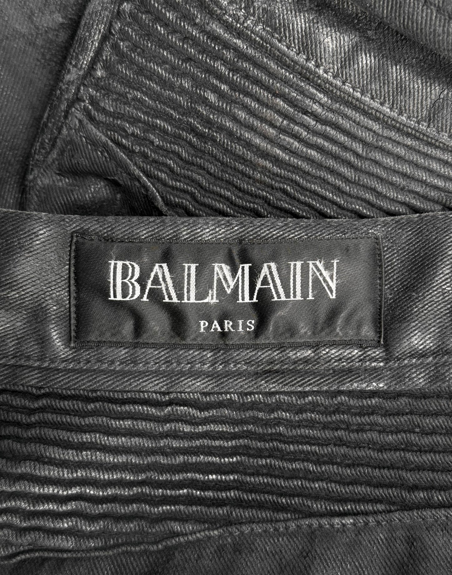BALMAIN by Olivier Rousteing AW15 Distressed Vinyl Coated Biker Denim
