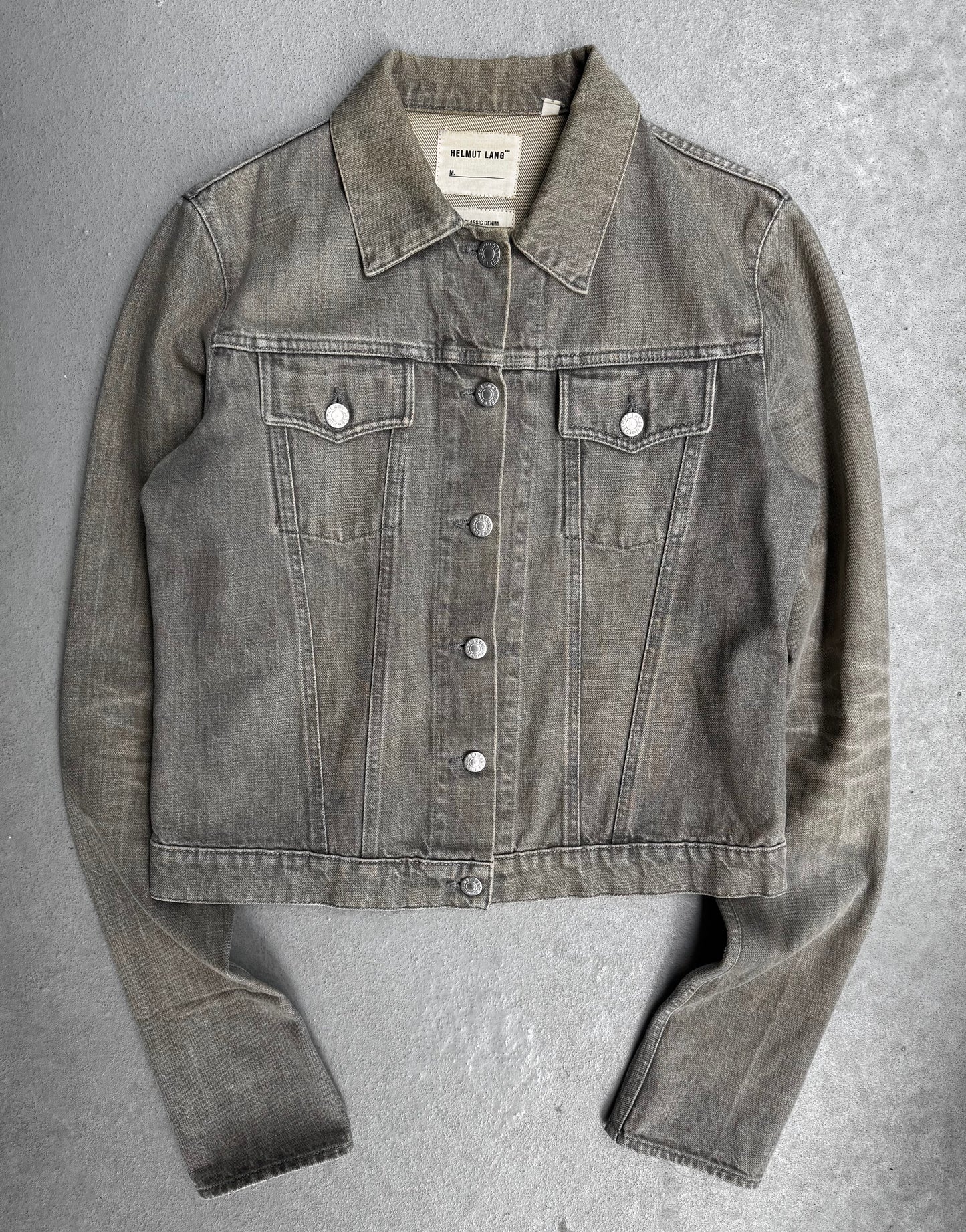 Helmut Lang Early 00s Washed Grey Extended Sleeves Denim Trucker Jacket