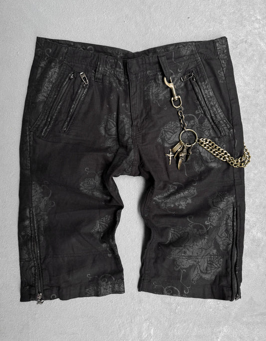 Tornado Mart Early 00s Tonal Rose Graphic Printed Adjustable Shorts