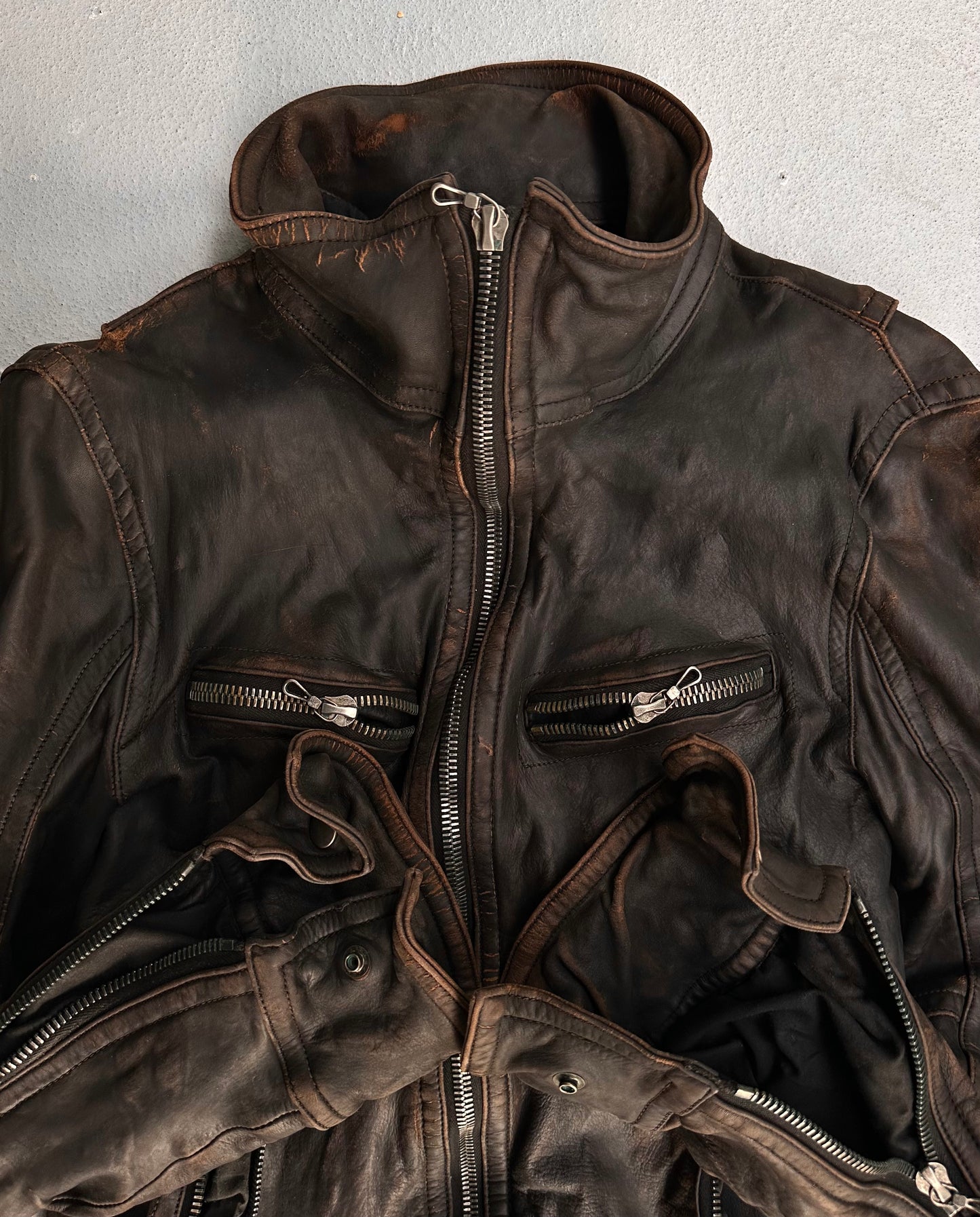 SHELLAC Early 00s Distressed Cowhide Single Rider Jacket