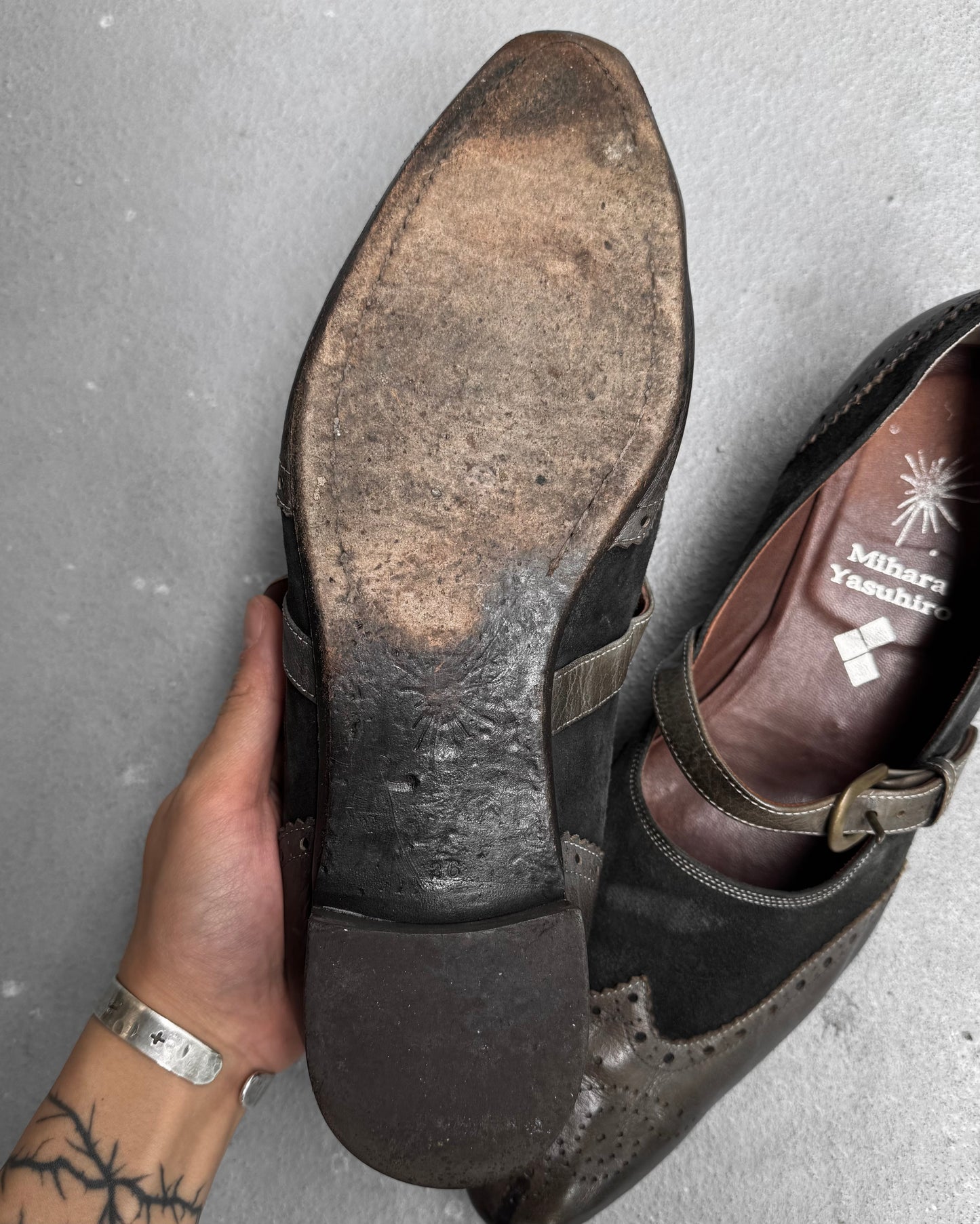 MiharaYasuhiro SS06 Suede Brogue Cut-out Buckle Strap Derbies