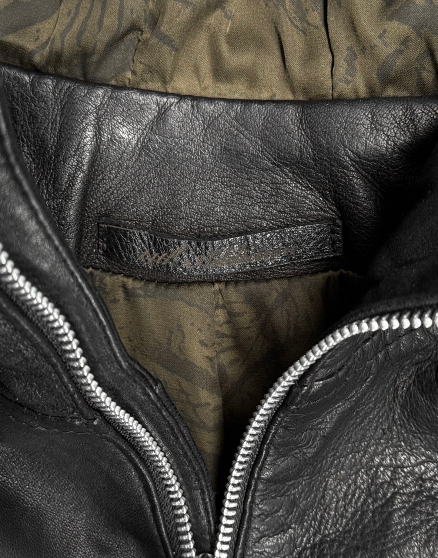 14thAddiction AW24 Distressed Sheepskin Leather Cross-zip Hooded Jacket
