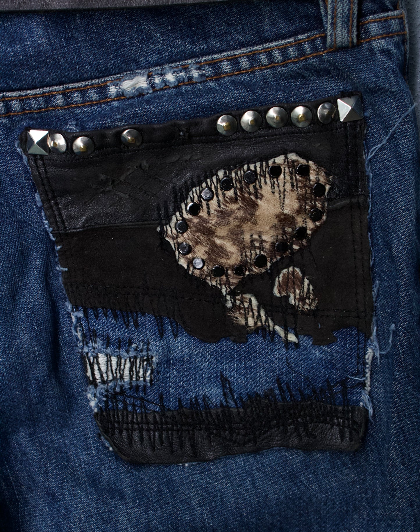 SHELLAC 00s ‘Crash’ Distressed Cowhide Patchwork Bootcut Denim