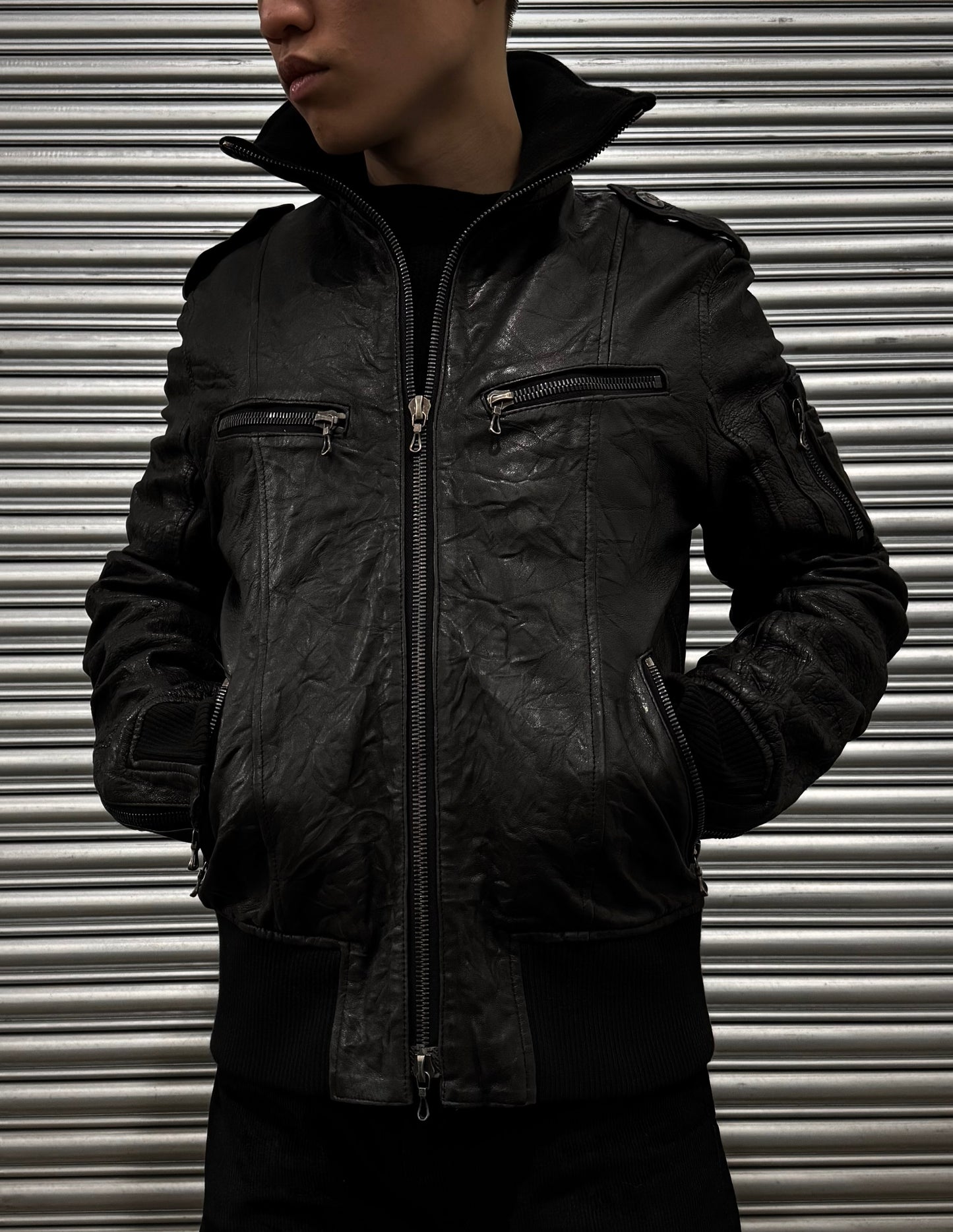 SHELLAC Early 00s Distressed Lambskin Leather Multi-zip Rider Jacket