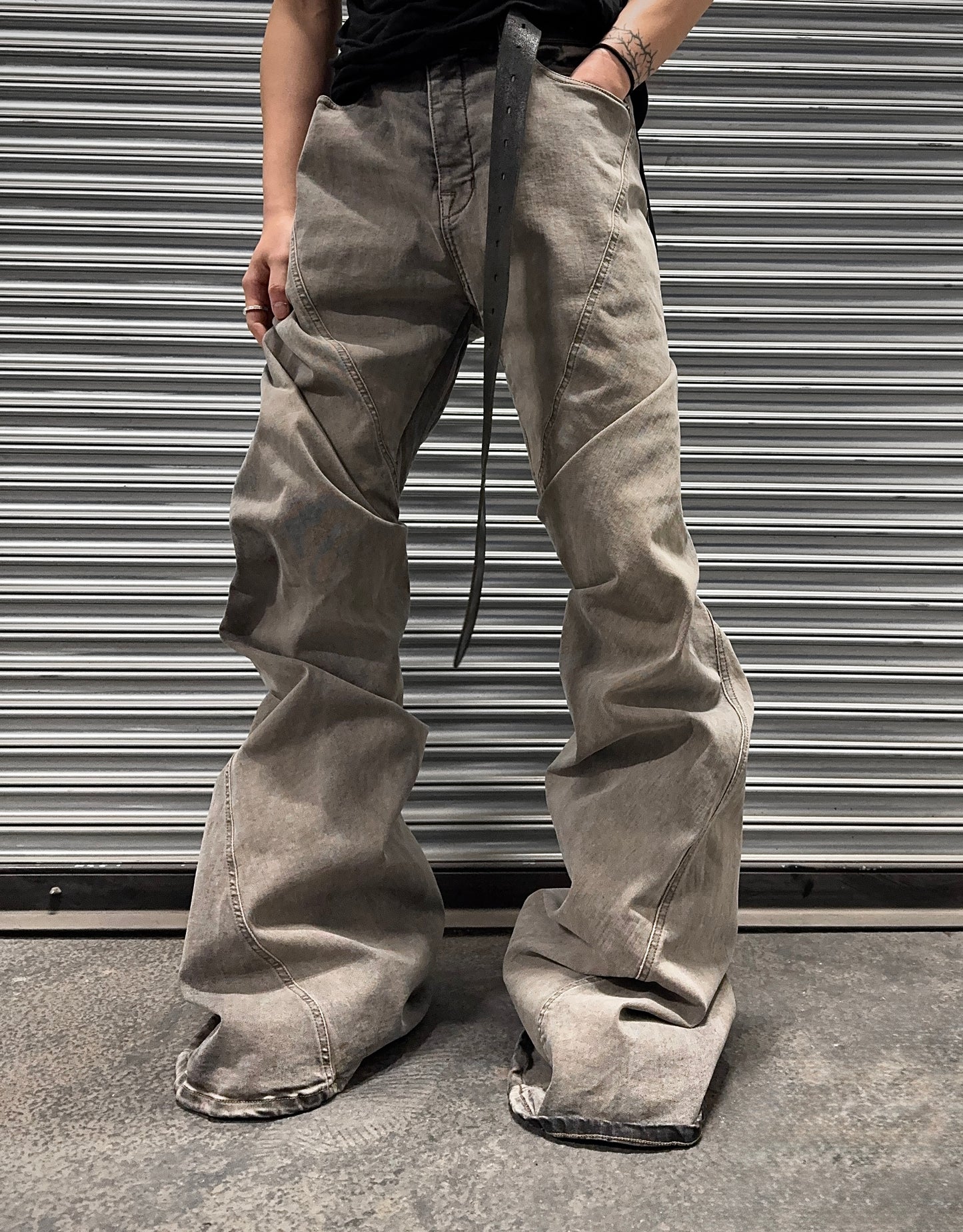 Rick Owens DRKSHDW AW23 “LUXOR” Mineral Wash ‘Bias’ Spiral Flare Bootcut Denim