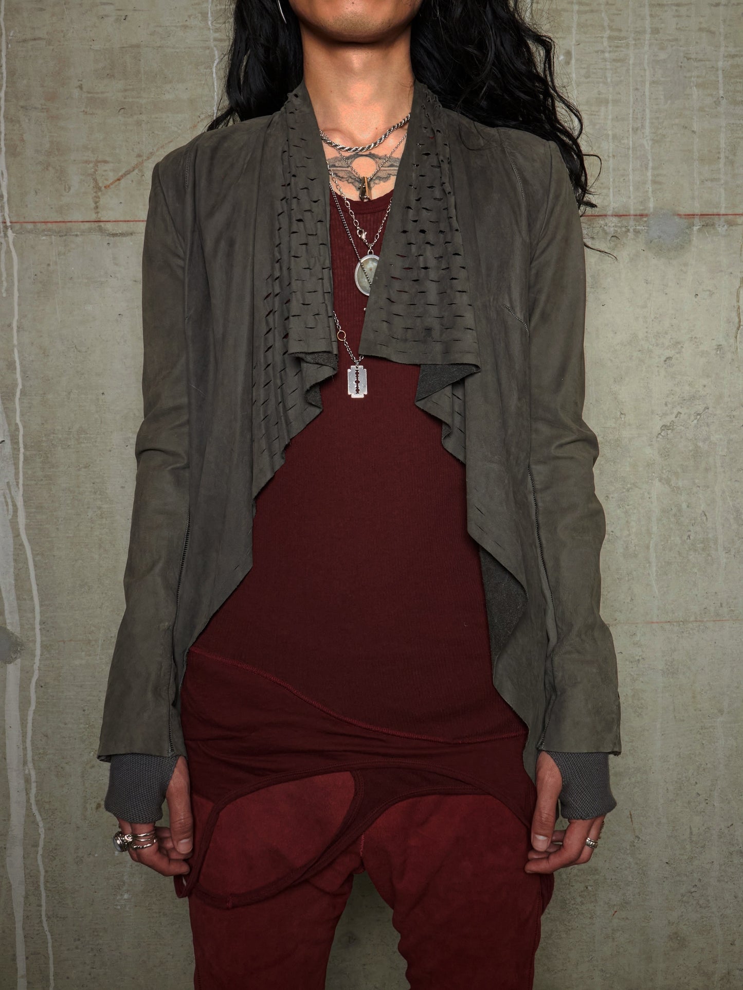 Isaac Sellam: “Experience” Open-front Laser Cut Calfskin Leather Cardigan