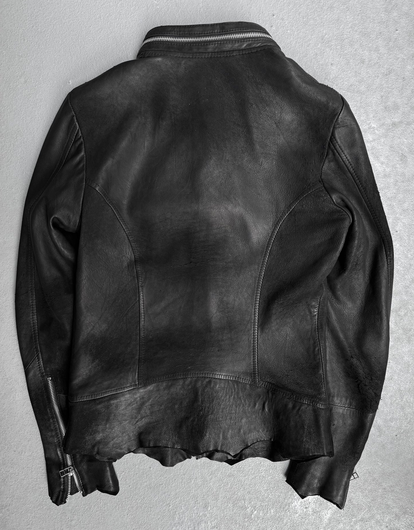 14thAddiction AW17 Distressed Sheepskin Leather Cross-zip Jacket