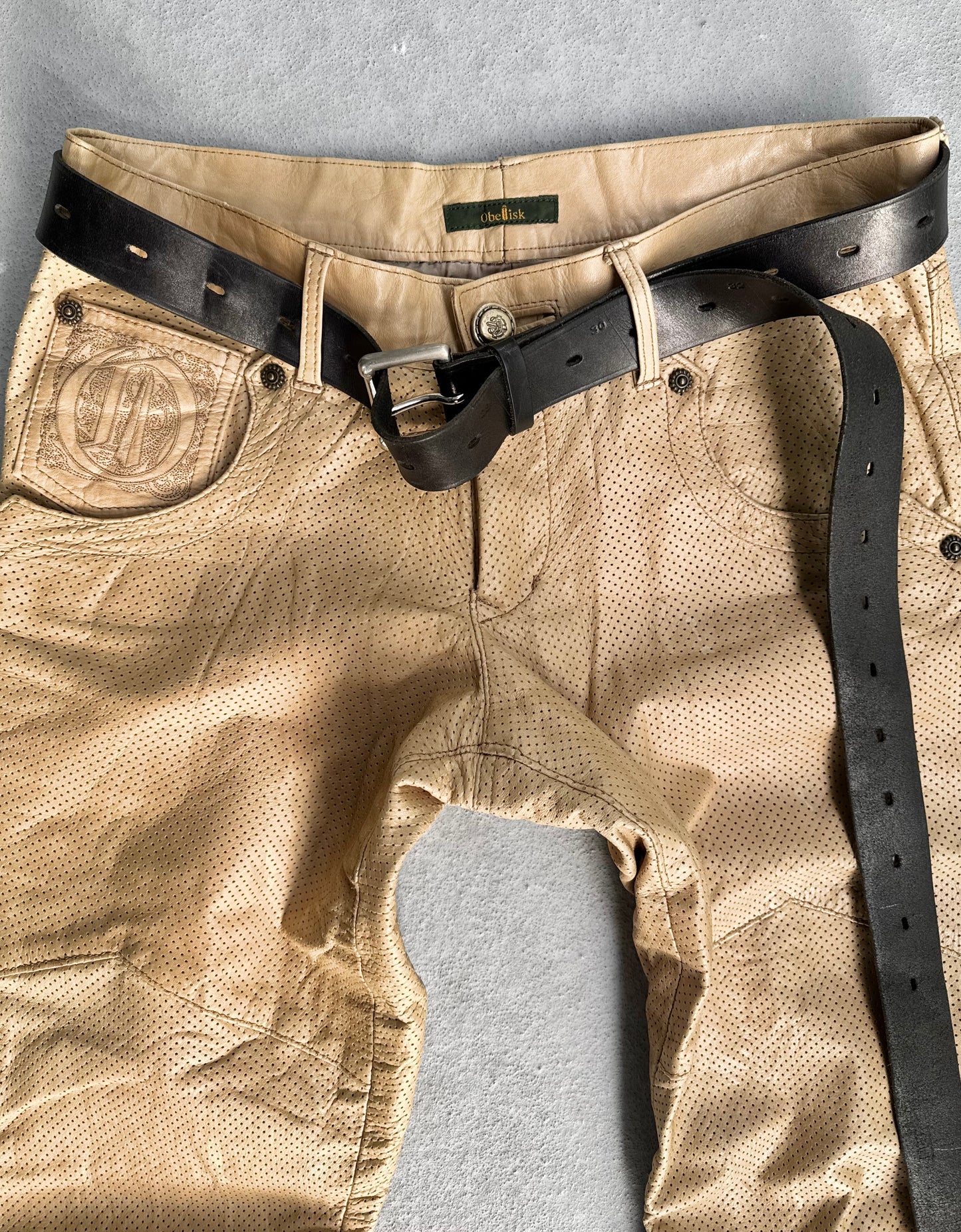 Obelisk Early 00s Perforated Cowhide Leather Bootcut Flare Pants