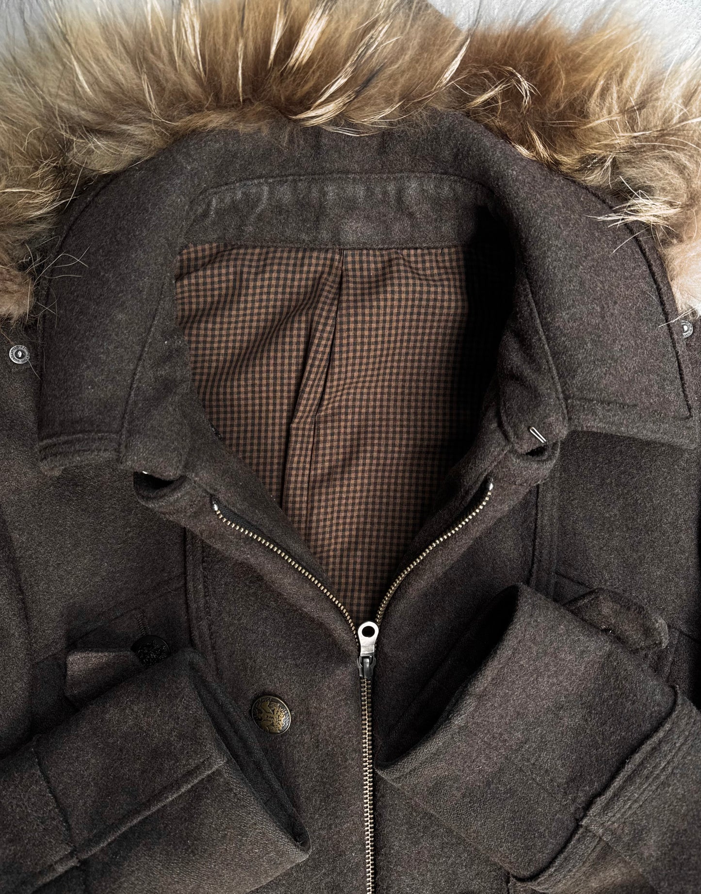 PPFM Early 00s Convertible ‘Napoleon’ Brown Fur Hooded Military Zip-up Wool Jacket