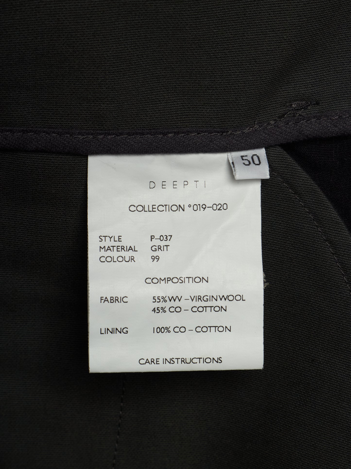 DEEPTI Collection °019-020 'P-037 GRIT 99' Unlined Classic Low Crotch Trousers
