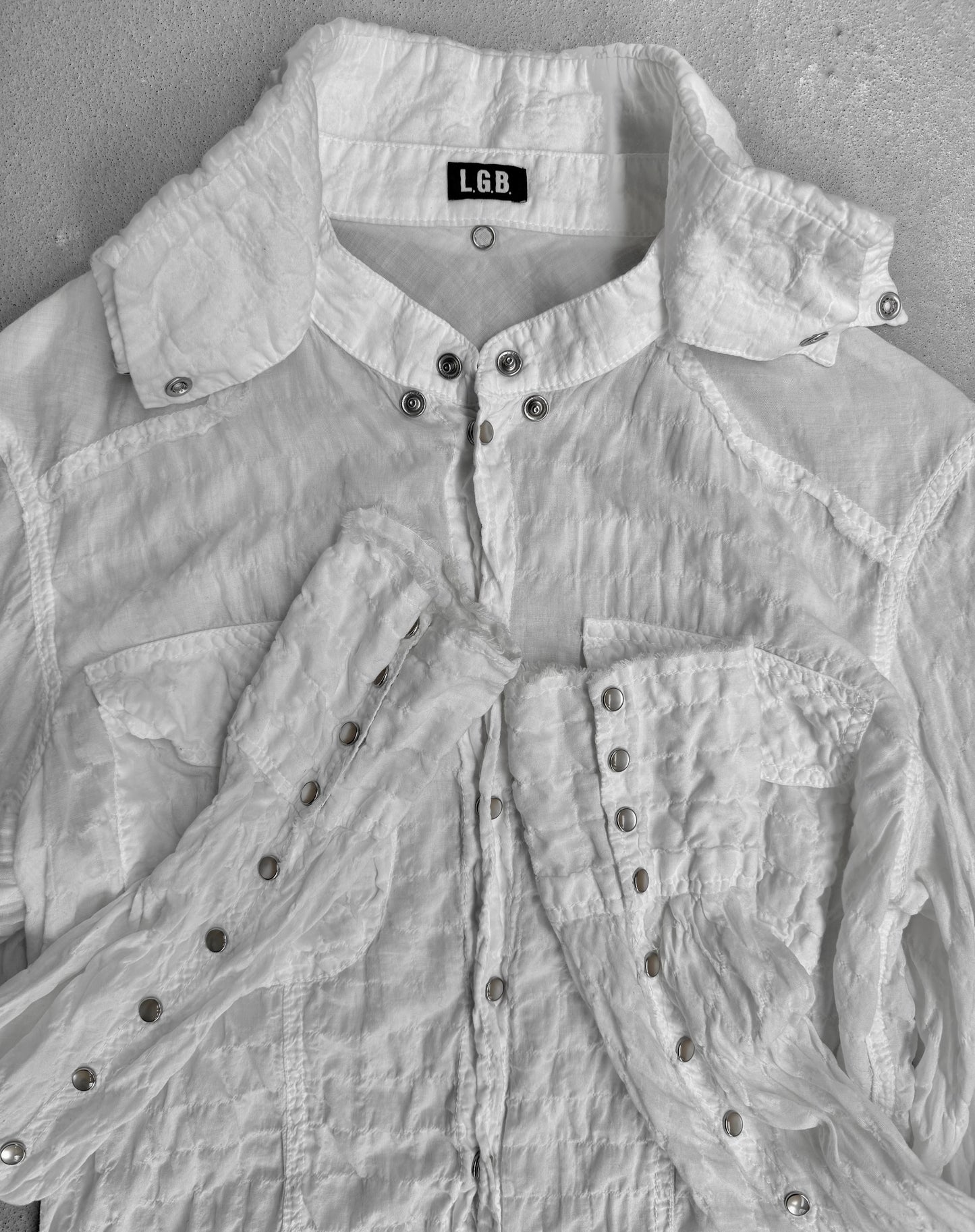 L.G.B. Early 00s Distressed White Cotton Gauze Snap Western Shirts