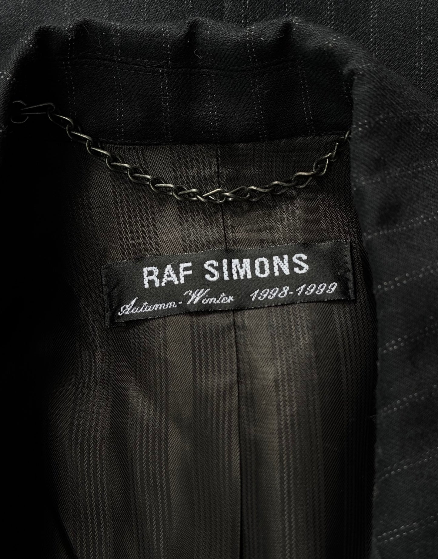 RAF SIMONS AW98-99 “Radioactivity” Satan Lapels Wool Pinstripe Long Coat