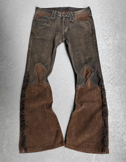 LED RECHWE Early 00s Hybrid Corduroy ‘Sword’ Western Frayed Flare Denim