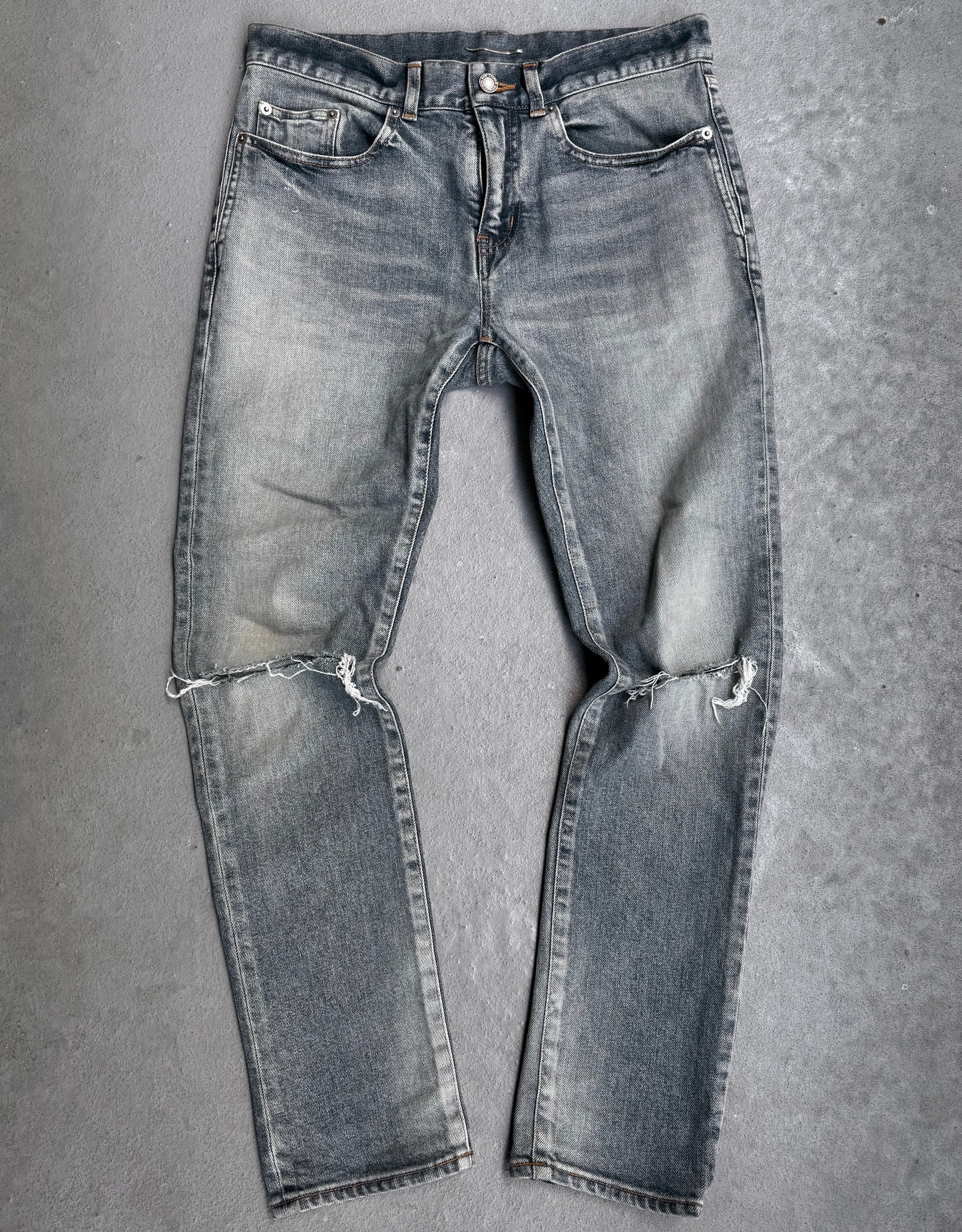 Saint Laurent Paris SS20 Blue ‘D10’ Distressed Knee Skinny Denim