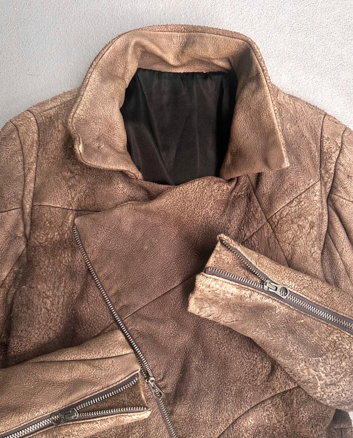 L.H.P Early 00s Distressed Sheepskin Asymmetrical Down Puffer Jacket