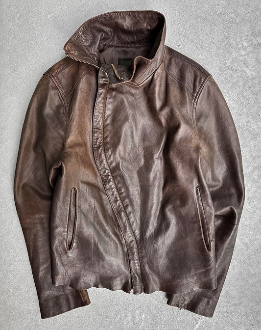 L.H.P Early 00s Brown Sheepskin Asymmetrical Fencing Leather Jacket
