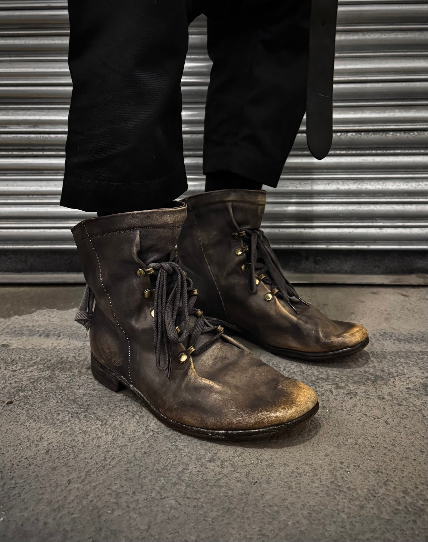 MiharaYasuhiro Early 00s Distressed Leather Lace-up Field Boots
