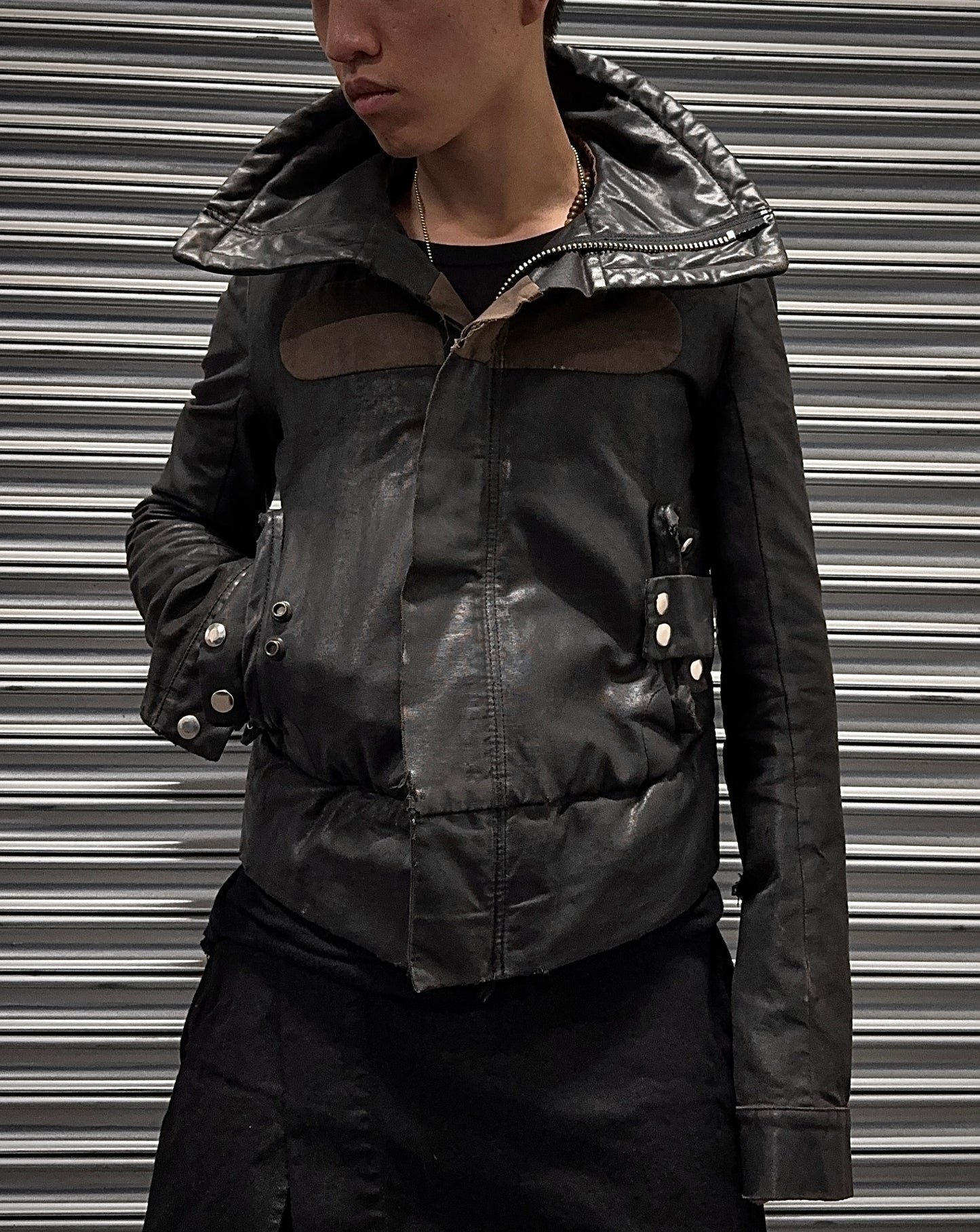 Rick Owens AW03 “PILL” Waxed Funnel Neck Rider Jacket