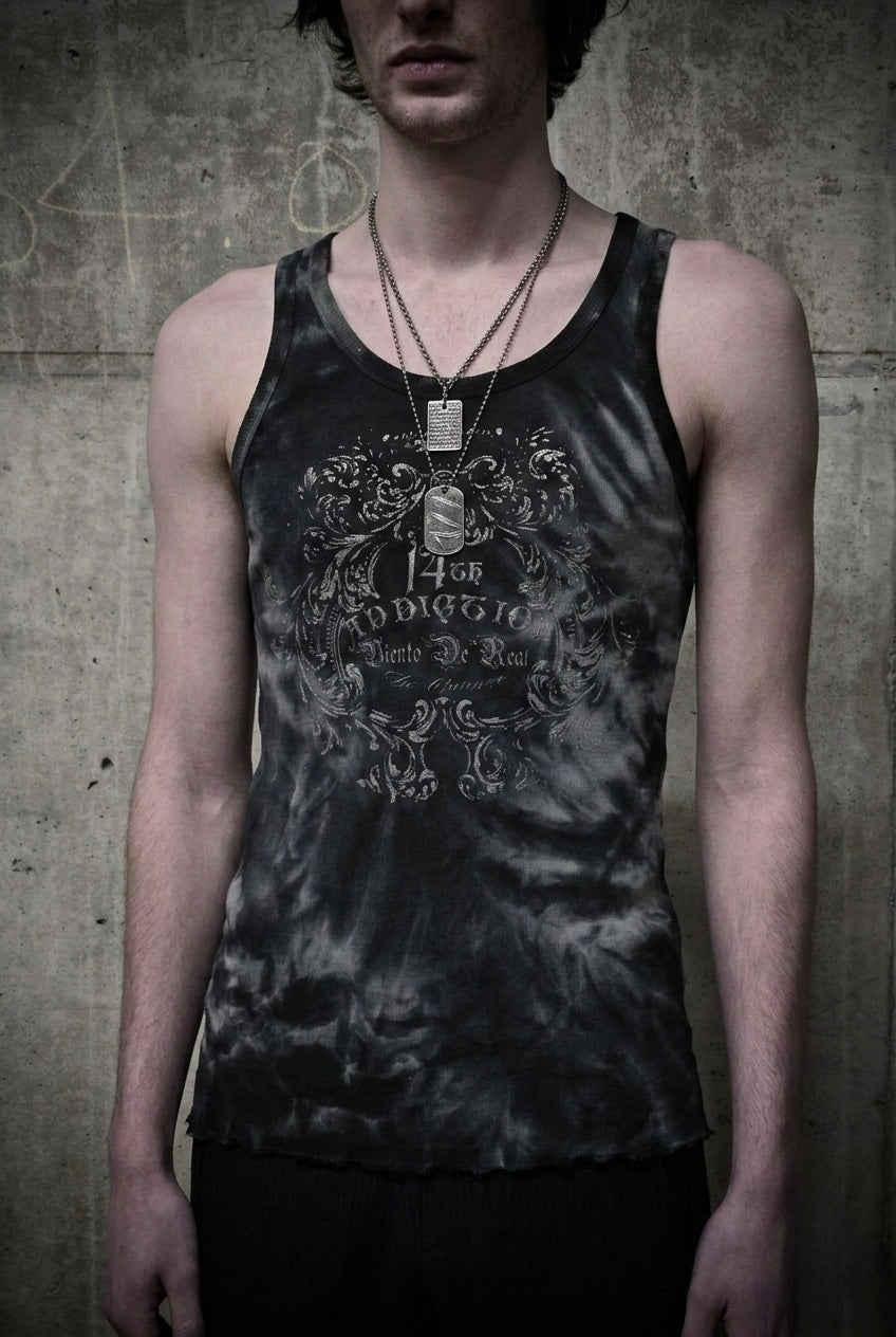 14thAddiction Early 00s Aqua Tie Dye Frayed Hem Ribbed Tank Top detail | DRIEW GARMENTS