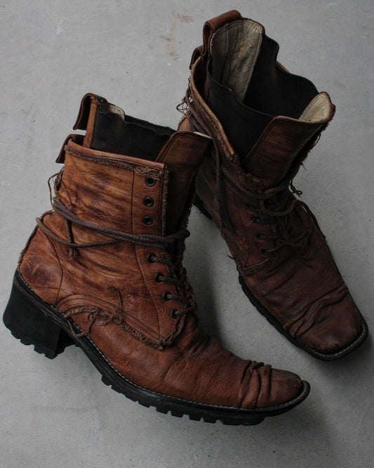 roen by Hiromu Takahara Early 00s Distressed Leather Hybrid Lace-Up Pirate Boots