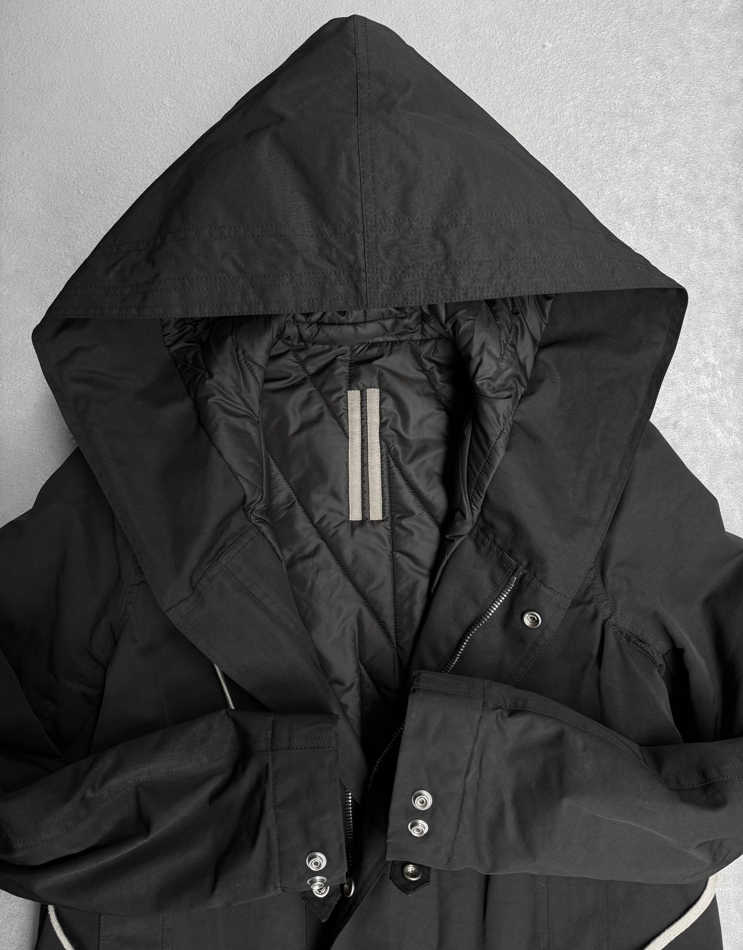 Rick Owens DRKSHDW AW19 “LARRY” Padded Drawstring Fishtail Parkas