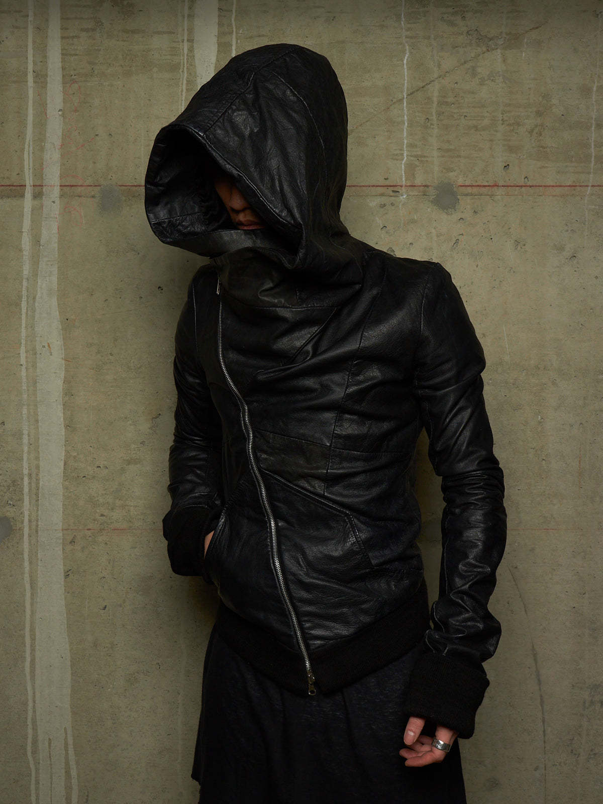 EKAM Early 00s Black Hooded Sheepskin Leather Asymmetric Zip Rider Jacket