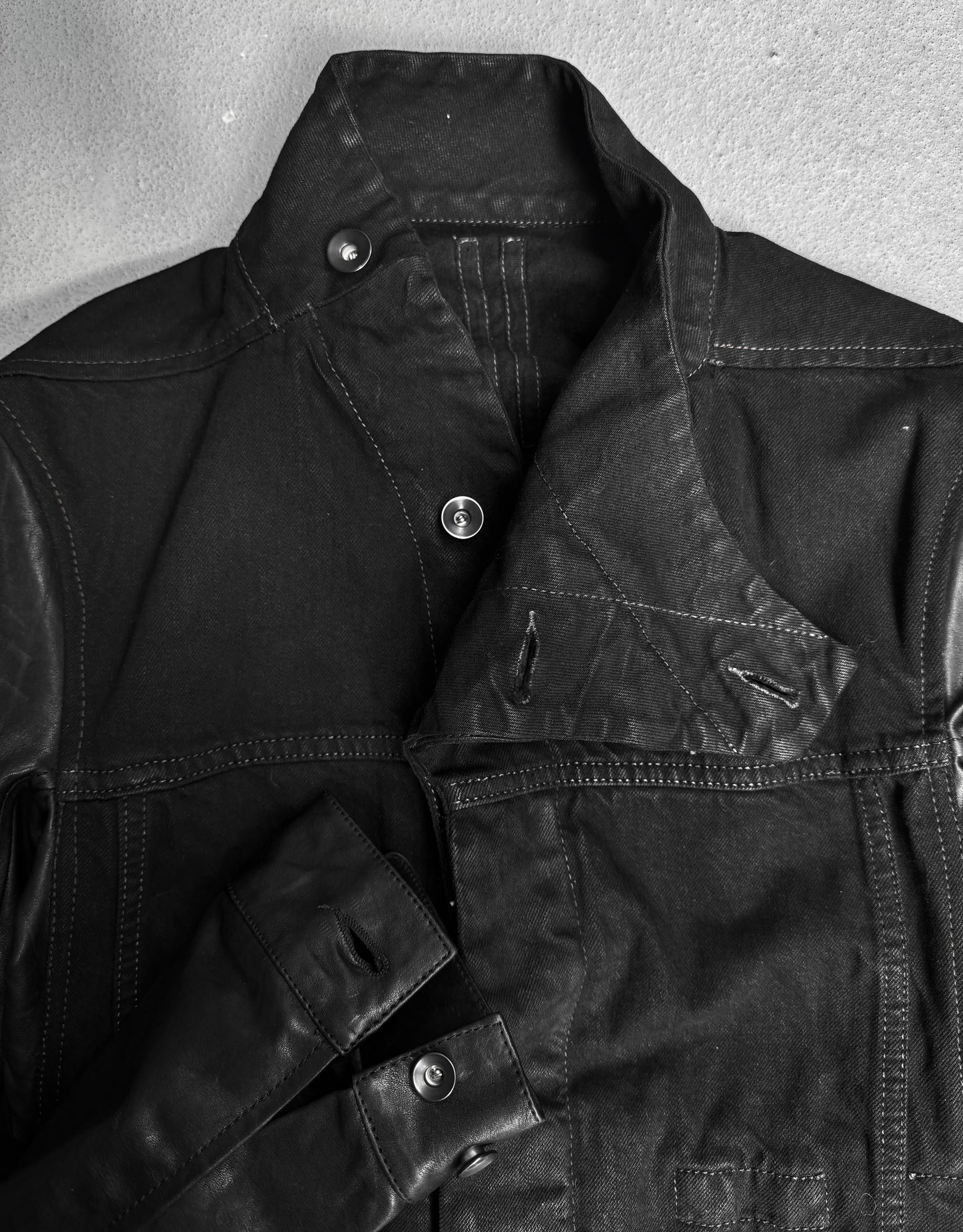 Rick Owens DRKSHDW SS14 "VICIOUS" Slave Hybrid Leather Sleeves Waxed Denim Jacket