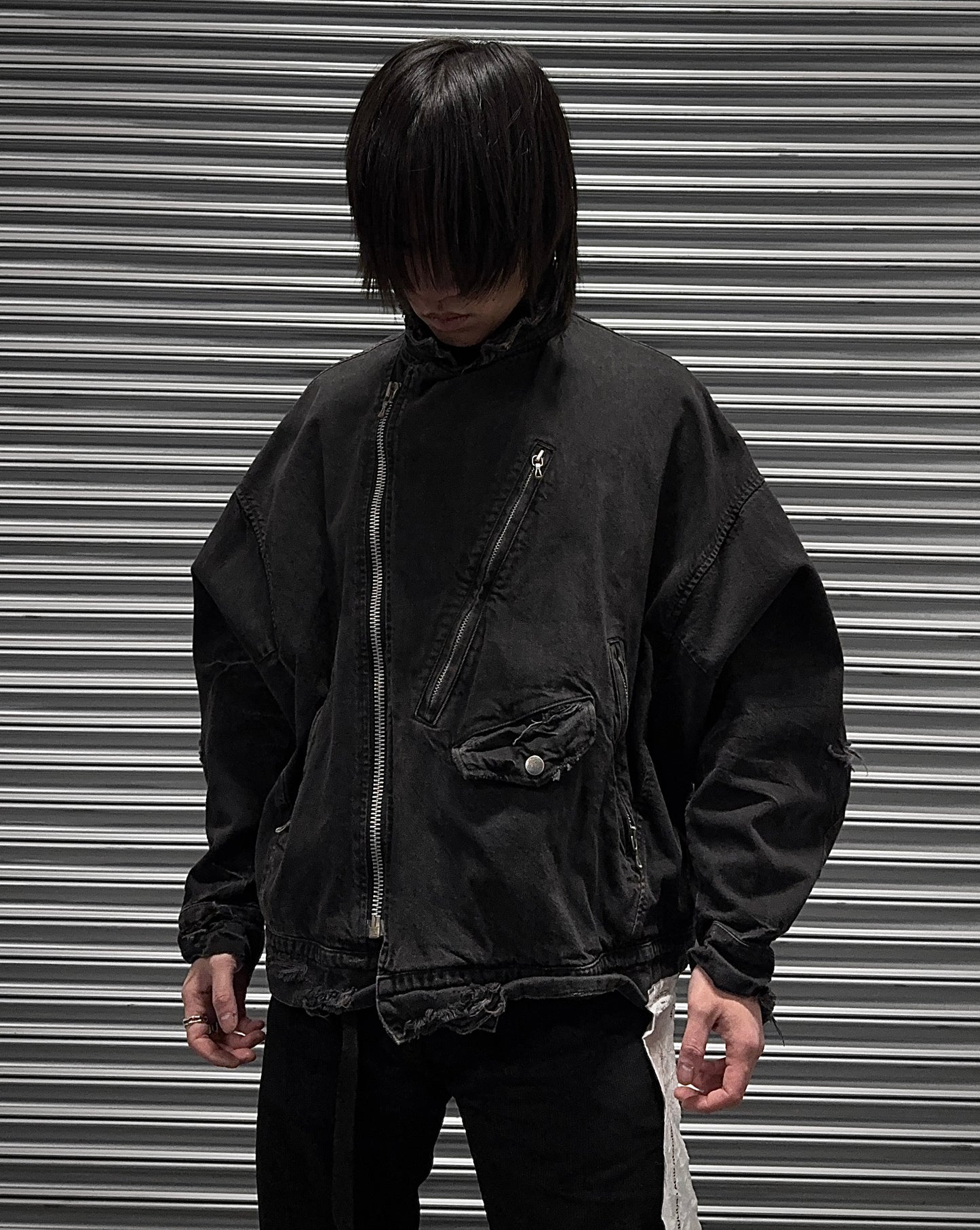 Julius_7 SS18 “Acid Glaciers;” Limited Edition Distressed 12oz Denim Biker Jacket