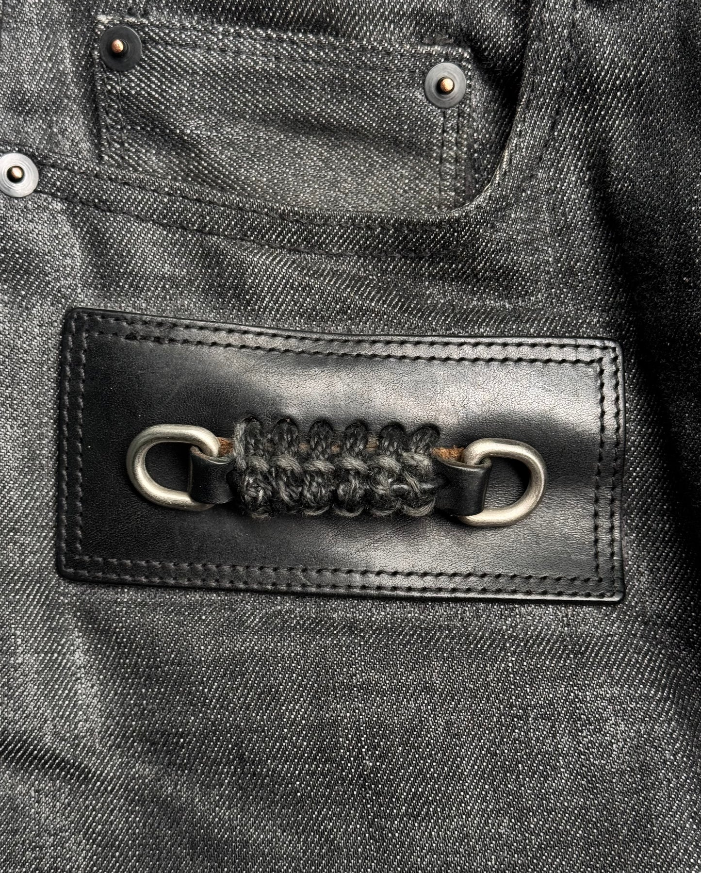 Rick Owens AW17 “GLITTER” Waxed D-Ring Leather Patch Raw Denim Capris