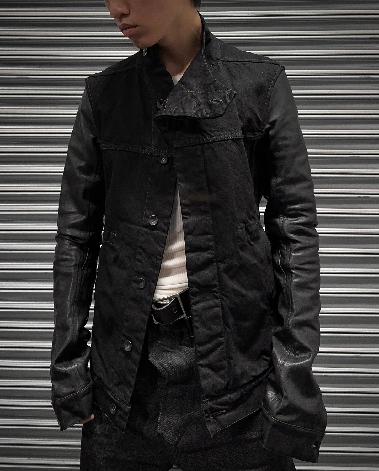 Rick Owens DRKSHDW SS14 "VICIOUS" Slave Hybrid Leather Sleeves Waxed Denim Jacket