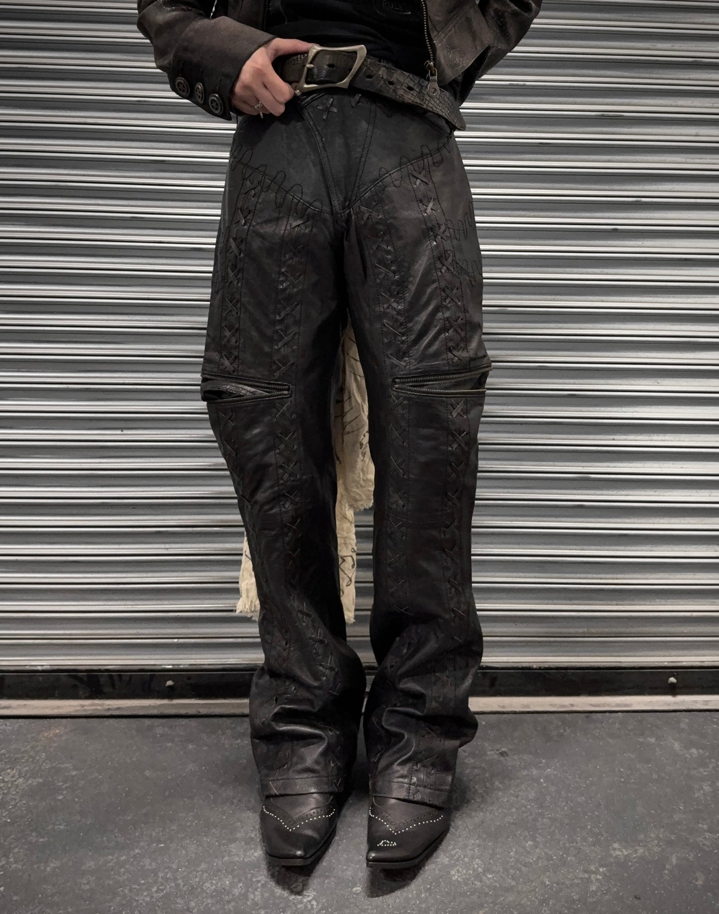 Yasuyuki Ishii Early 00s Cross Studded Lace-up Flare Leather Pants