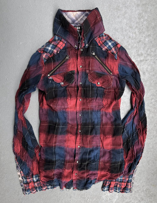 L.G.B. Early 00s Plaid Ruched Gauze Snap Western Shirts