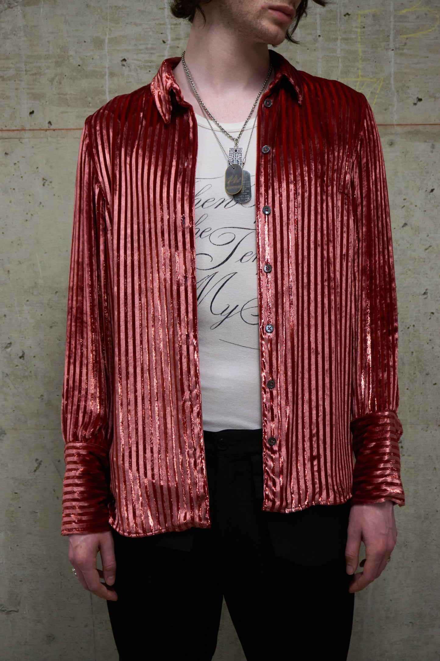Ann Demeulemeester AW19 Metallic Pink “Harlot” Striped Velvet Shirt