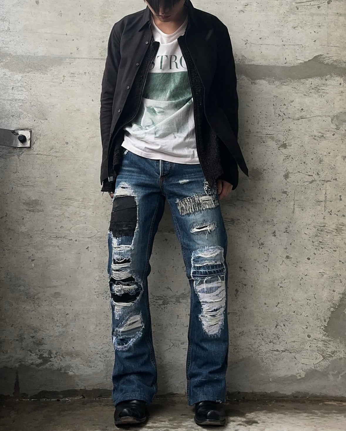 SHELLAC 00s ‘Crash’ Distressed Cowhide Patchwork Bootcut Denim
