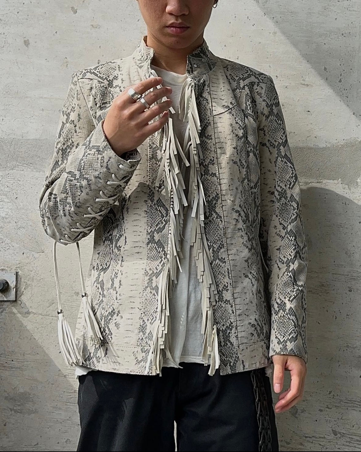 VINTAGE 00s Pamela McCoy Snake-Skin Printed Fringe Leather Jacket detail | DRIEW GARMENTS