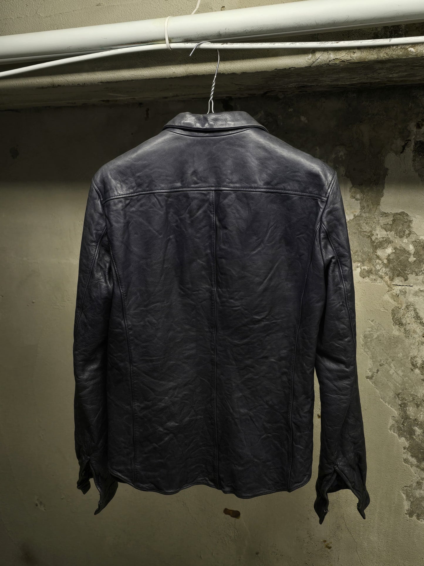Carpe Diem 00s Object-dyed Indigo Washable Cowhide Leather Shirt detail | DRIEW GARMENTS