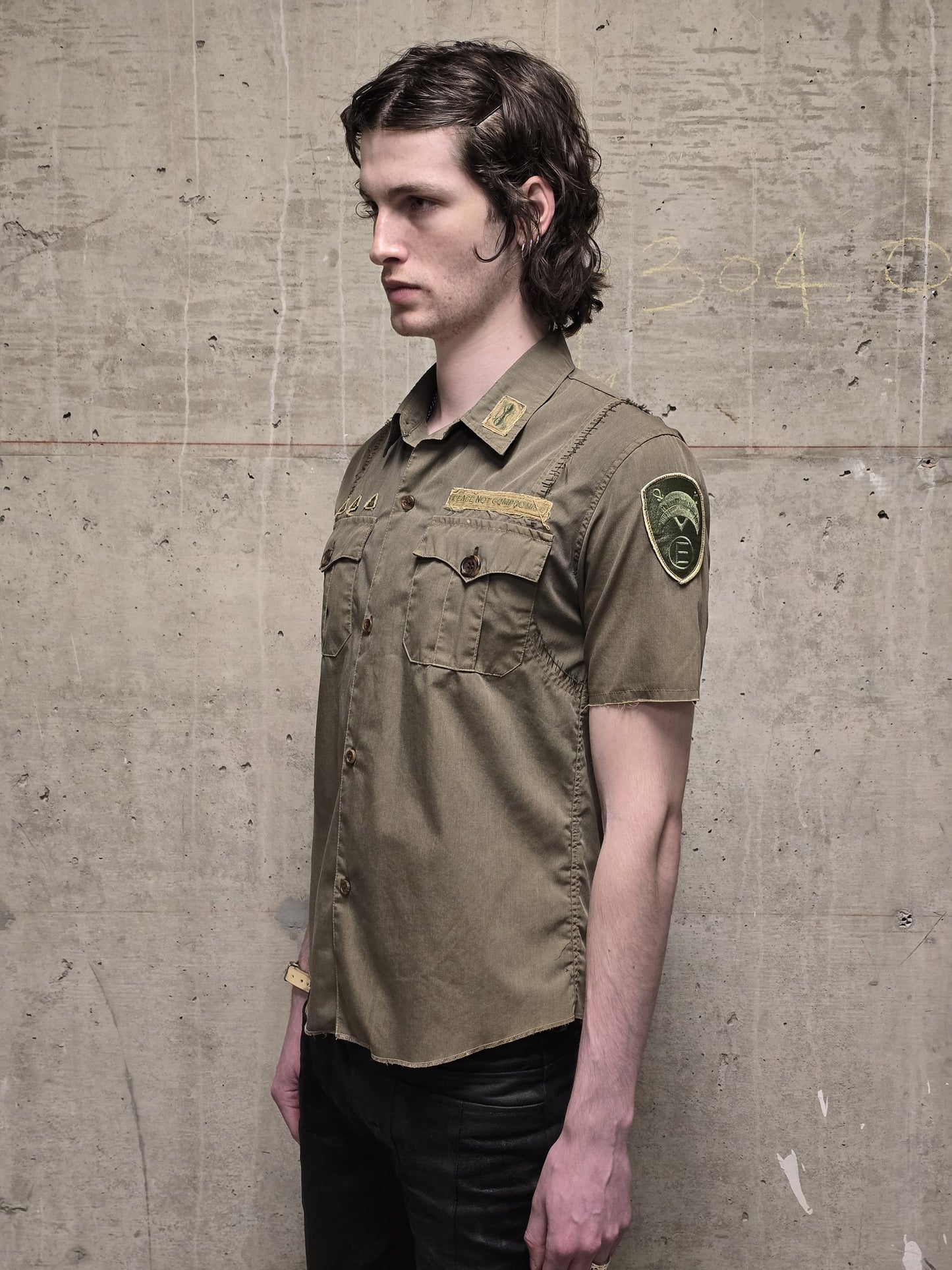 Undercover SS03 "SCAB" Military Green Embroidered Patch Short Sleeve Shirt