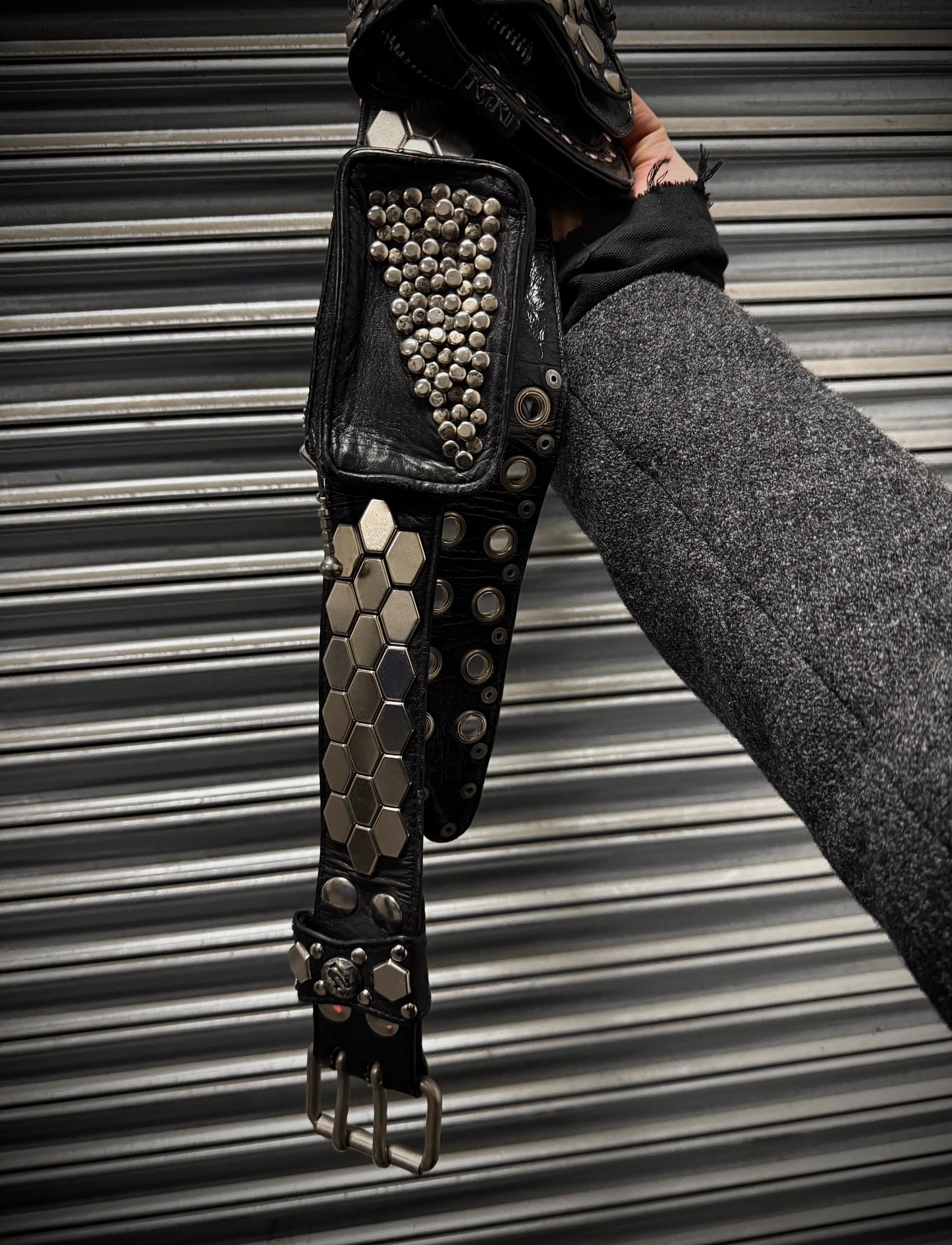 KMRii Early 00s "Out of Control" Studded Leather Honeycomb Pouch Belt Bag