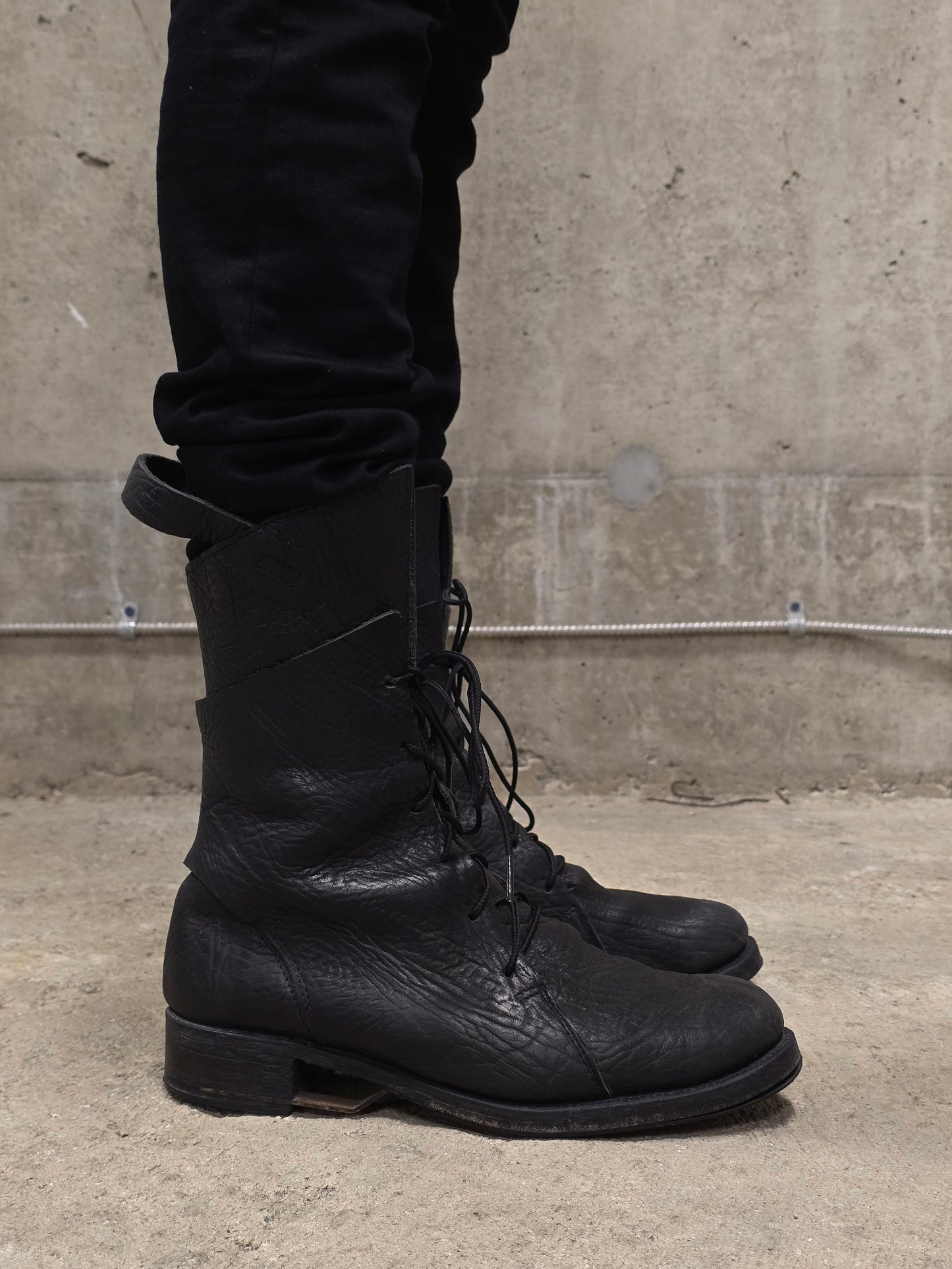 Boris Bidjan Saberi 2010s Double Layered Dark Grey Bison Leather Tall Combat Boots