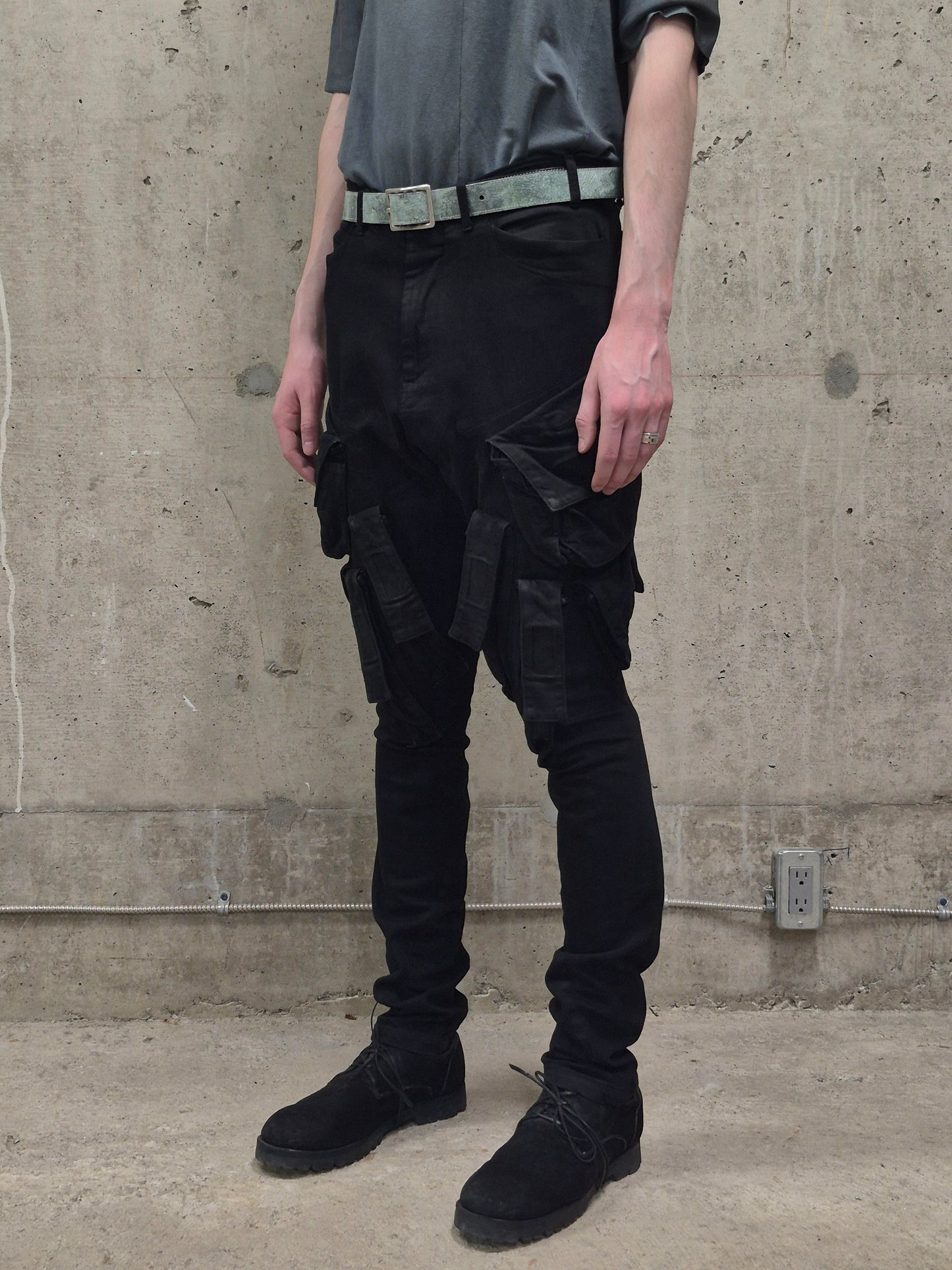 Julius_7 SS15 "prism;" Coated Velcro Gas-Mask Cargo Denim