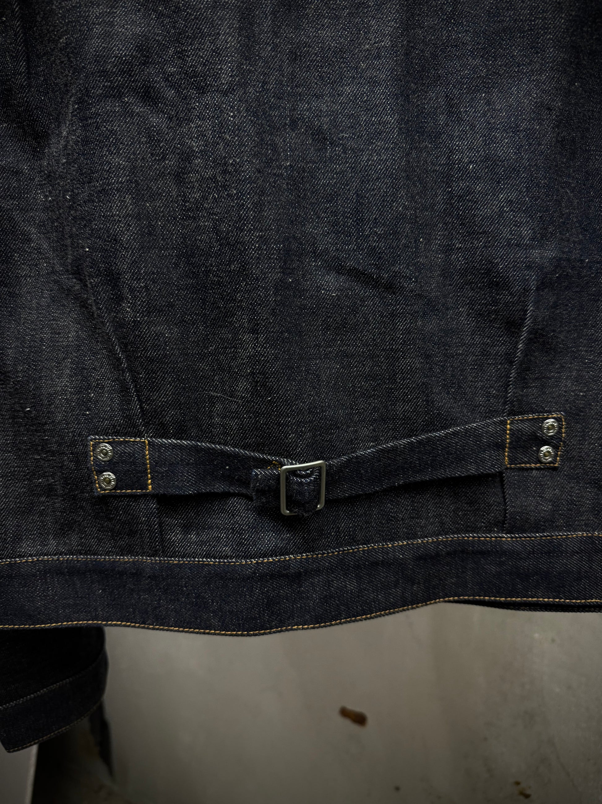 Yuji Yamada 00s 'FURNISHINGS' Removable Leather Harness Raw Denim 'Jean' Jacket detail | DRIEW GARMENTS